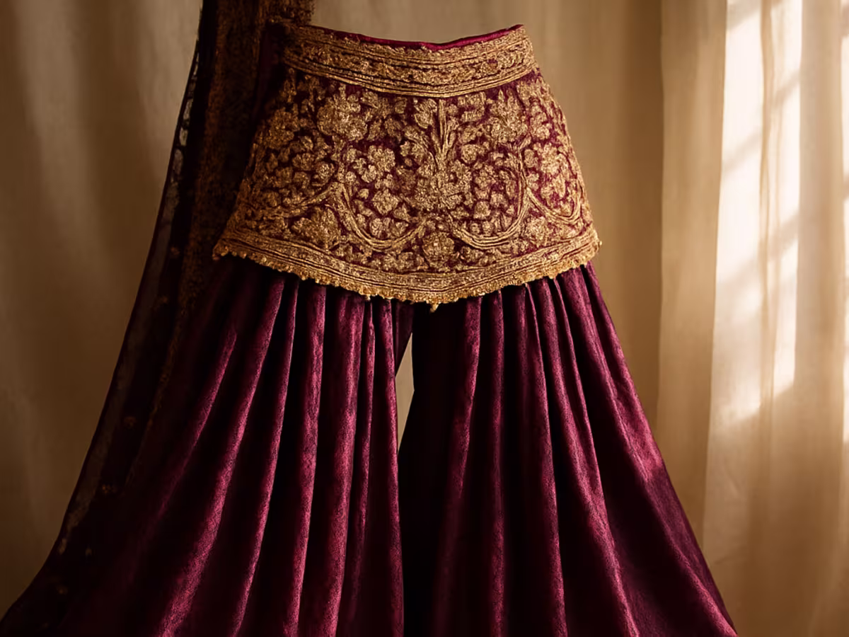 Farshi gharara in deep purple and gold with wide pleats