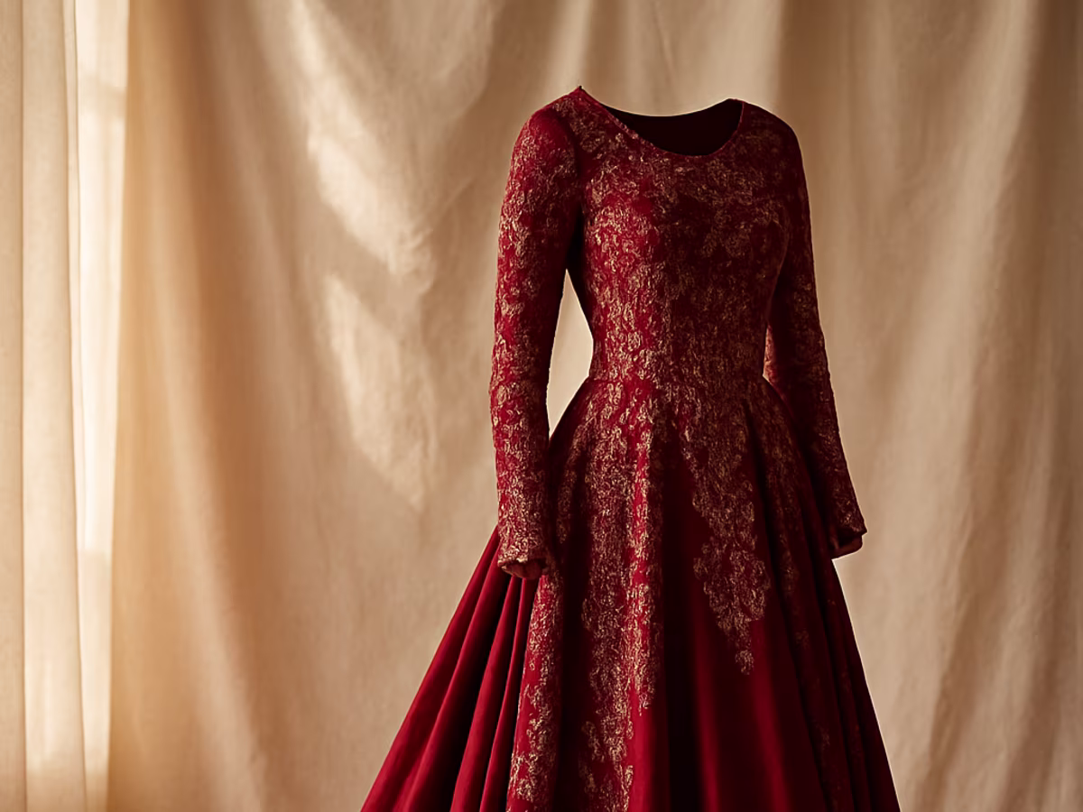 Wine-red evening gown with a sweeping train