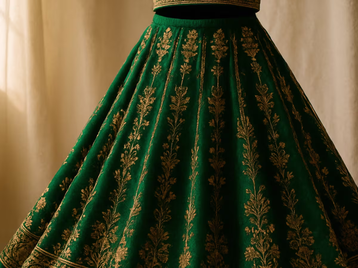 Emerald lehenga with gold gota work, skirt fanned