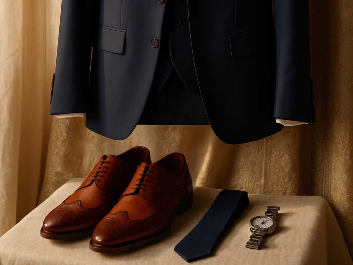 Navy three-piece suit with brogues and tie, rental-ready