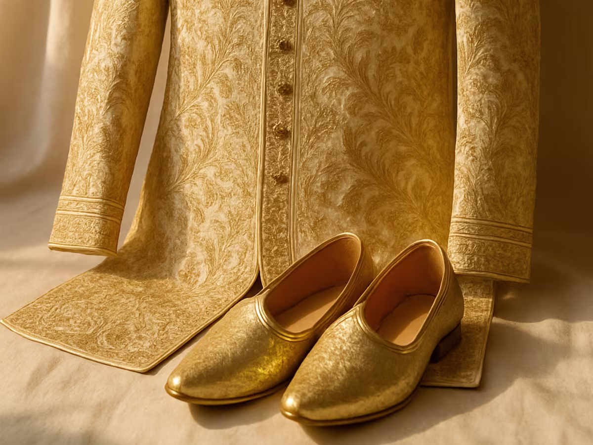 Cream and gold wedding sherwani with turban and khussas