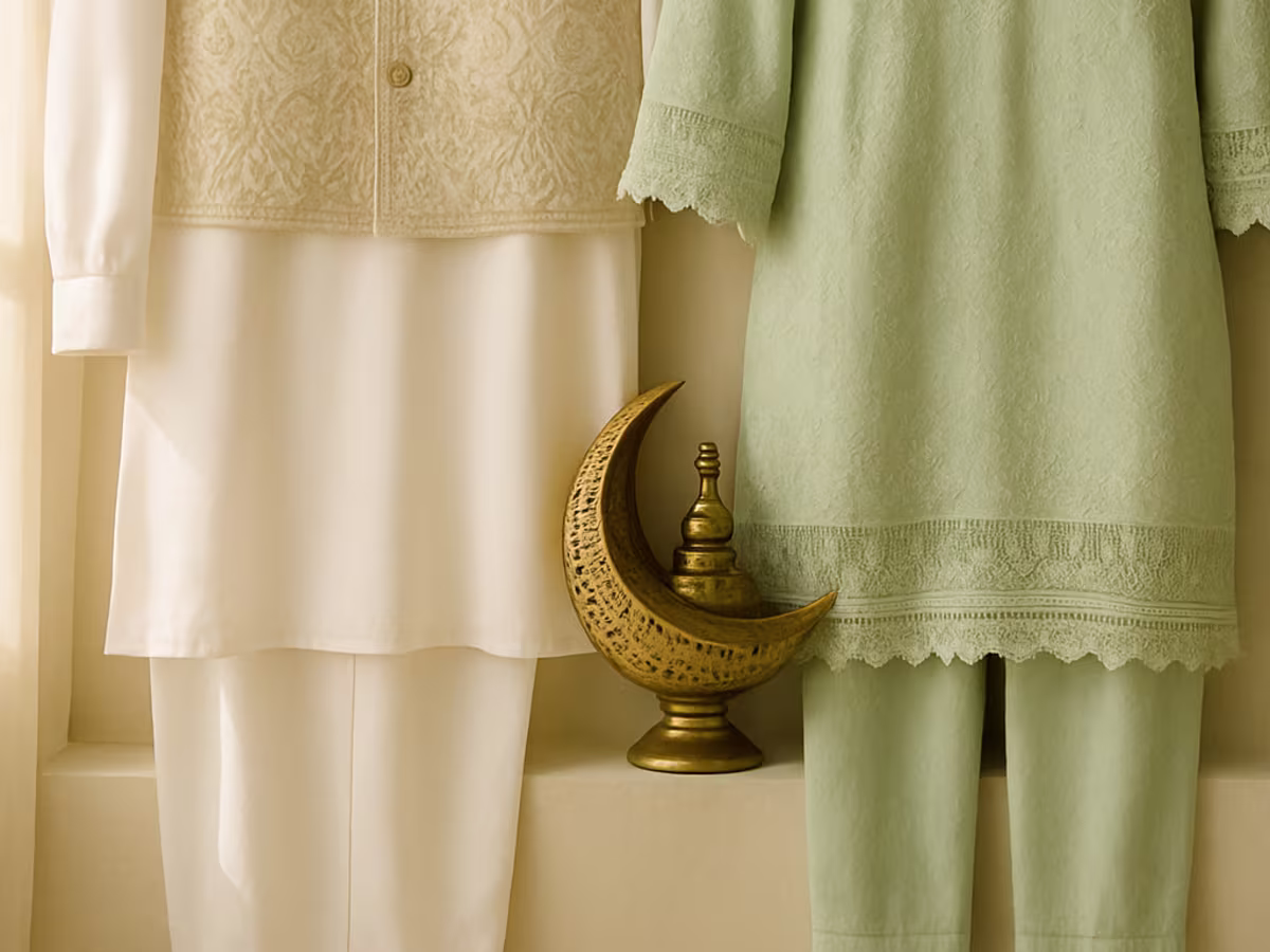 Men's white shalwar kameez with waistcoat beside a pastel women's kurta