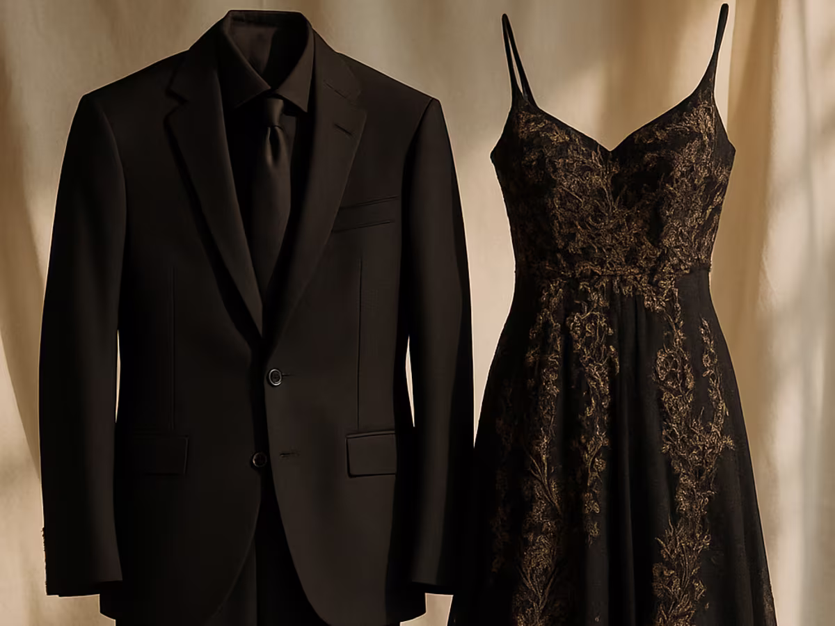 Black men's suit beside an elegant formal evening gown
