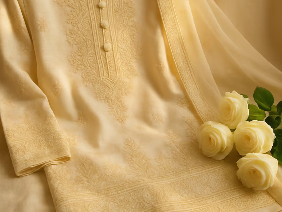 Ivory nikkah kurta set with sheer dupatta and white roses