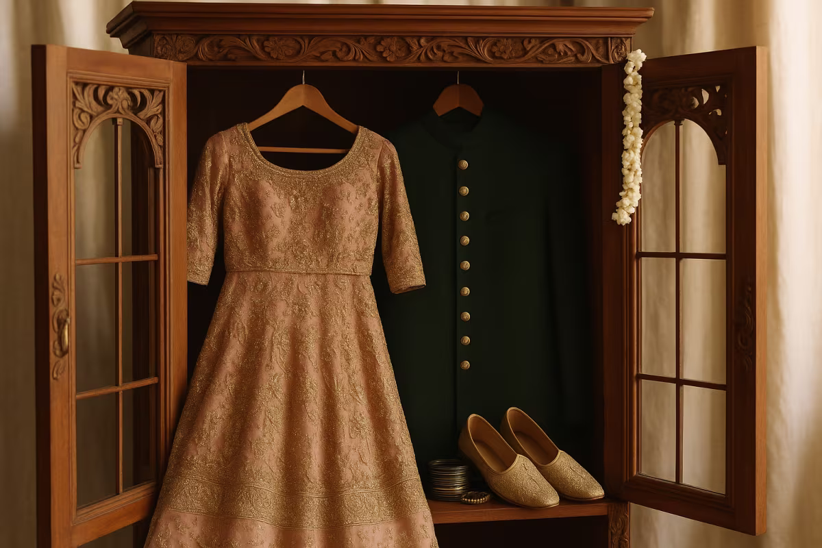 Open wooden wardrobe with a bridal lehenga and a men's green sherwani