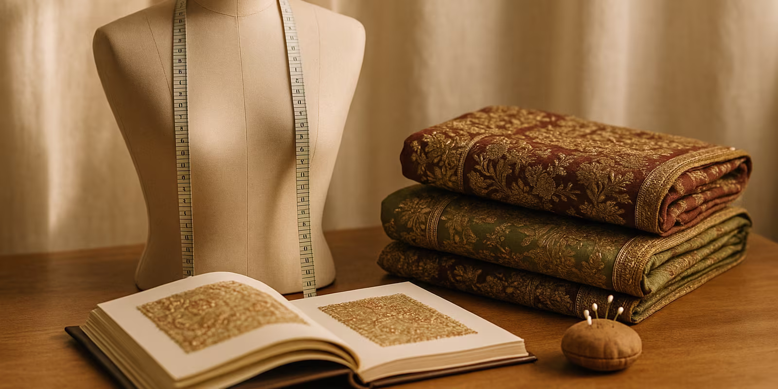 Tailor's dress form with measuring tape and embroidered fabric swatches
