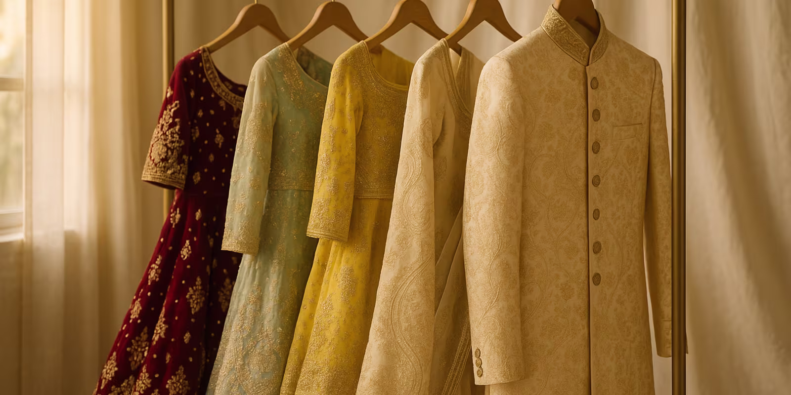 Rail of Pakistani occasion wear from lehengas to a cream sherwani