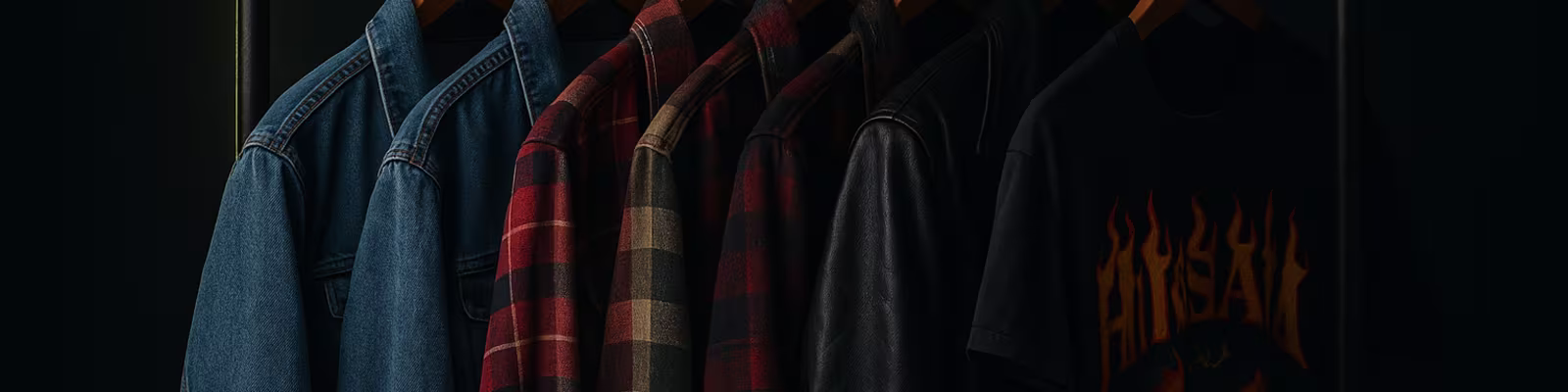 Thrift rack of vintage denim, flannel and leather jackets