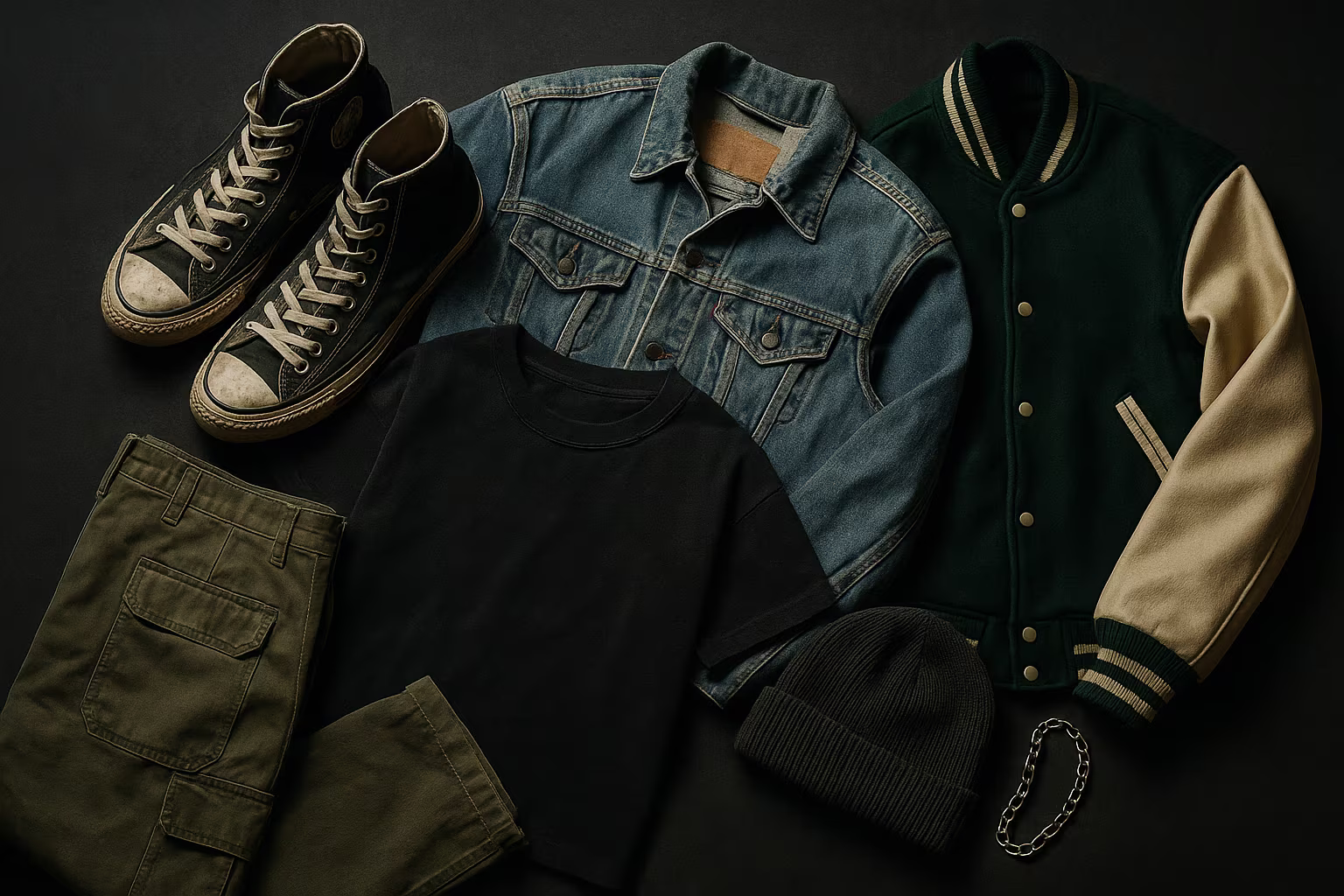 Flat-lay of premium thrifted streetwear — sneakers, vintage denim and band tees