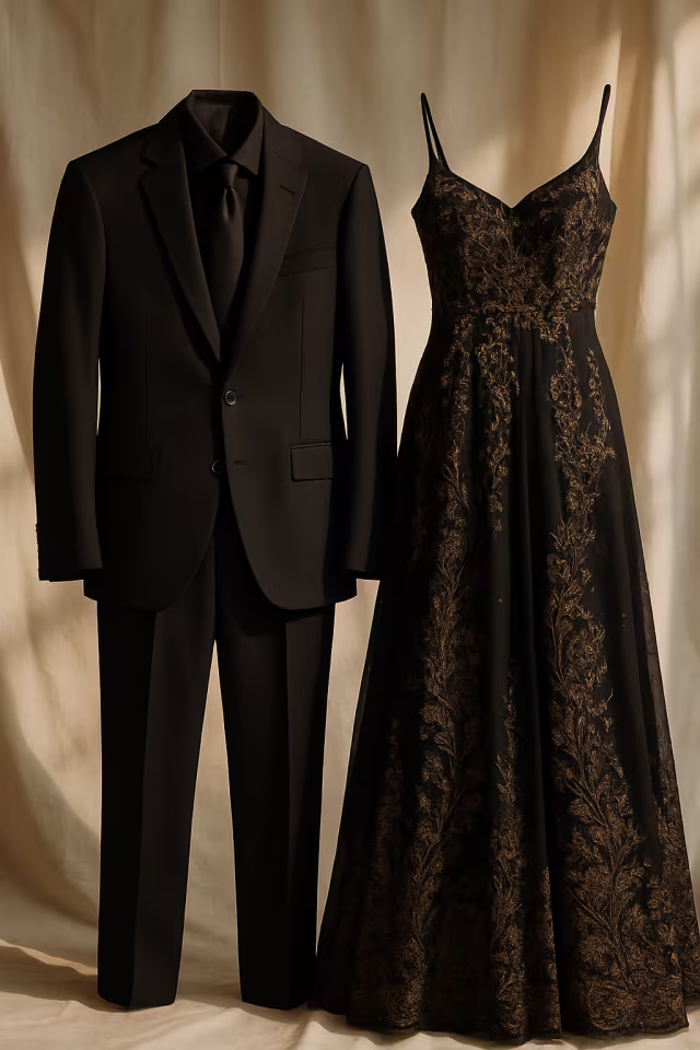 Black men's suit beside an elegant formal evening gown