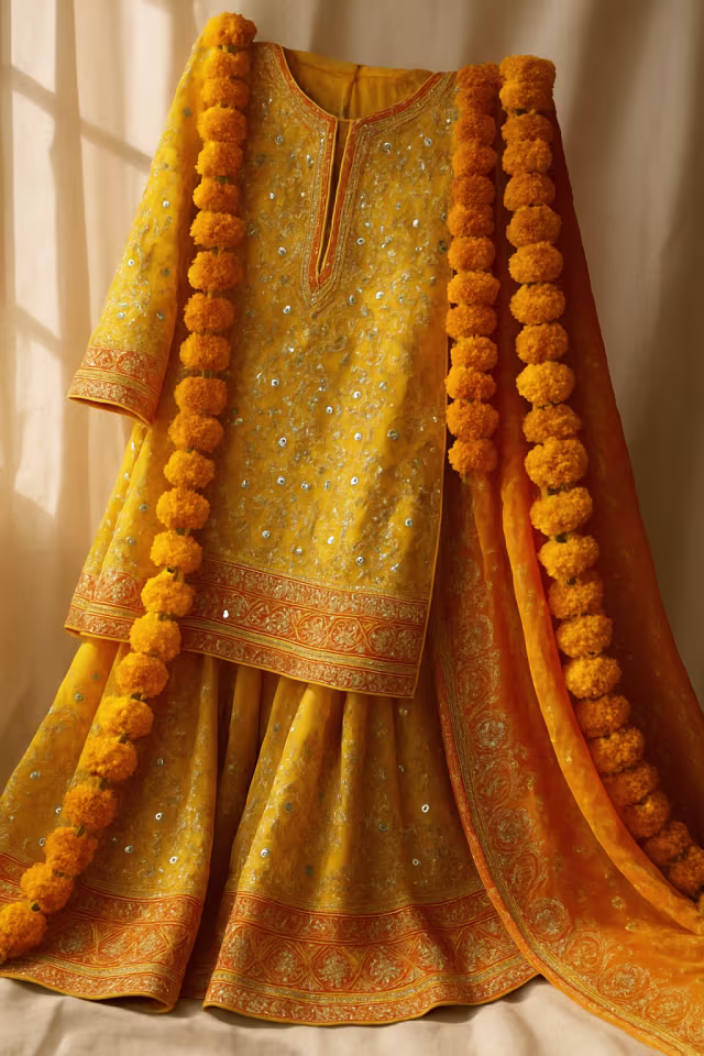Yellow mehndi gharara draped with marigold garlands