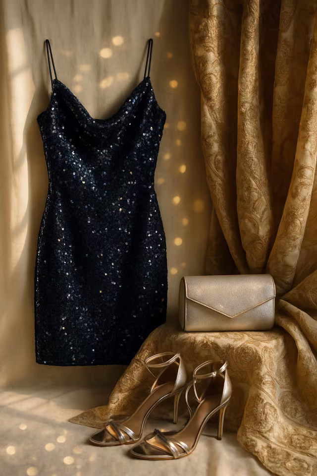 Sequined midnight-blue cocktail dress with heels and clutch