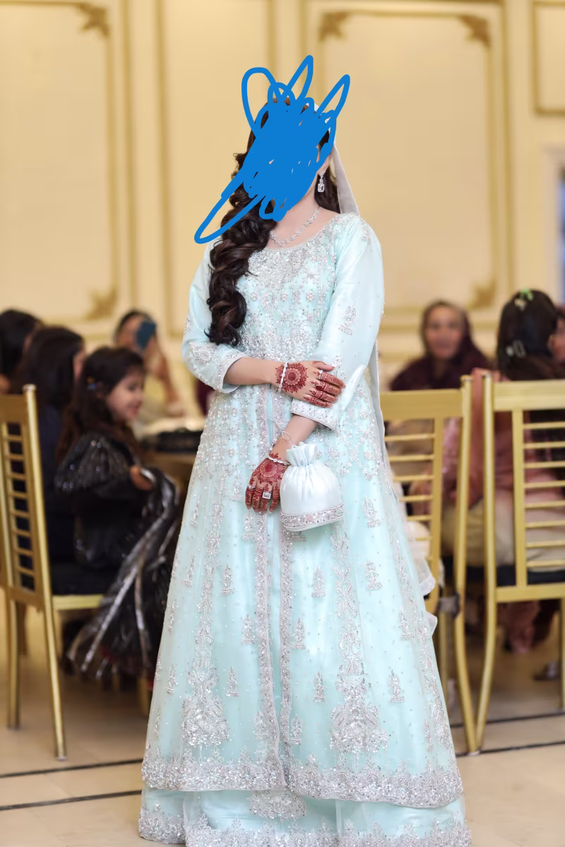 Preloved Bridal Maxi Dress – Ice Blue Color, Heavy Hand Embroidery & Stone Work